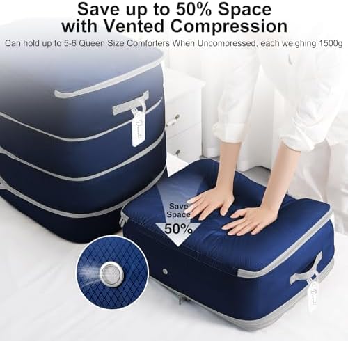 Comforter Storage Bag - Large Capacity Blanket Storage Bags 4-Layer Ultra Space Saving Self Compression Organizer, Washable Compression Bags for Storage Comforter Blanket, 4-Pack, Navy Blue - Image 3