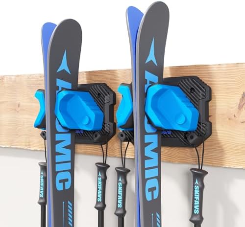 Ski & Snowboard Wall Rack for Garage Wall Fits Any Ski/board, Ski Wall Mount Holders Damage-Free Storage Rack, Garage Organization Space-Saving Winter Gear Organizer, Blue, 2 Pack by SkifavsSkiWallMount
