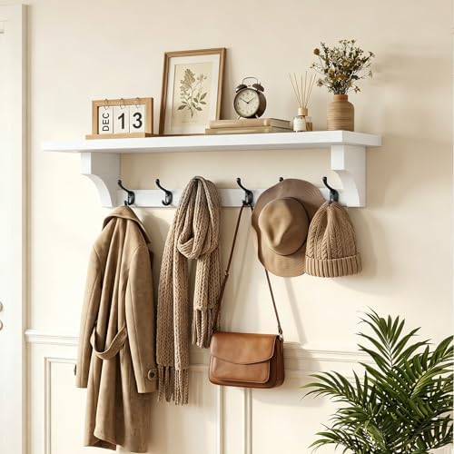 RALGEND 29" Long Coat Rack Wall Mount Shelf, Entryway Wall Shelf with 6 Metal Hooks, Coat Hangers for Living Room, Modern Wooden Floating Shelves for Bathroom, Bedroom, Kitchen, White 7401BJR1WT - Image 3