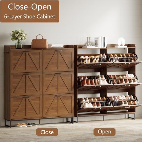 Xixini Shoe Storage Cabinet with 6 Flip Drawers, Entryway Shoe Rack, Walnut - Image 3
