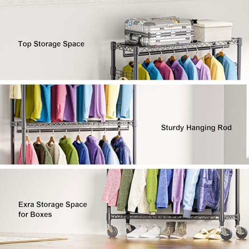 M MZG Heavy Duty Rolling Garment Rack 3 Tiers Adjustable Wire Shelving Clothes Rack with 2 Rods and Side Hooks,Storage Closet Clothing Rack with Wheels Black 15.7" D x 45.3" W x 79.6" H - Image 4