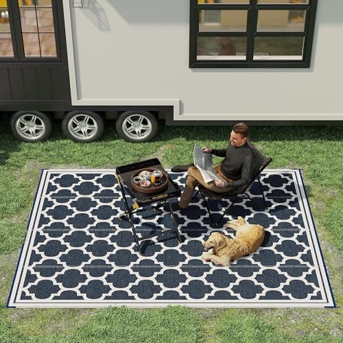 Outsunny 9' x 12' Reversible Outdoor Rug, Blue & White - Image 3