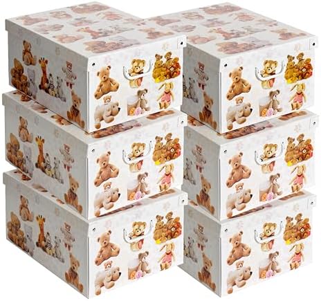 Lavatelli: Storage Box 6 Pack: Large - Plush Animals - Lid & Handles, Decorative Cardboard Organizer, Stacks, Home-Clothes-Toys, 19.7 x 15.4 x 9.4 by Lavatelli