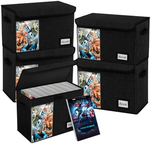 Display Collection Comic Book Storage Boxes, Protector Organizer 15.8" X 7.8" X 11.8" Collapsible Holds 160-180 Comic Book Heavy Duty Bin Container Holder Shelf, 5 PCS by YNSZAS