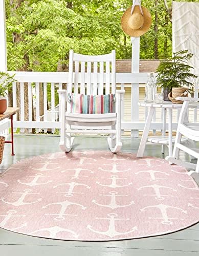 Unique Loom Outdoor Coastal Collection Area Rug - Ahoy (7' 10" x 10' Oval, Pink/ Ivory) - Image 4