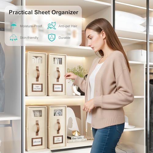 4 Pack Foldable Bed Sheets Set Organizers and Storage(Cal King Size),Linen Fabric Closet Organizers with Window,Folding Bedding Storage Box for Bedsheets and Pillow Cube Organizer-Beige - Image 4