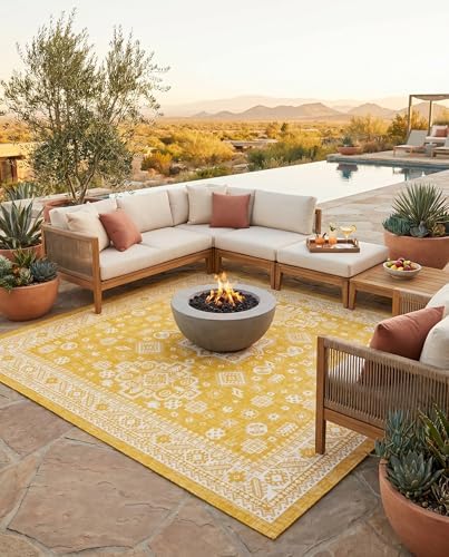 Rugs.com - Outdoor Aztec Rug – 10 Ft Square Yellow Indoor/Outdoor Rug – Weather Resistant, Easy to Clean, Perfect for Patios and Decks - Image 5