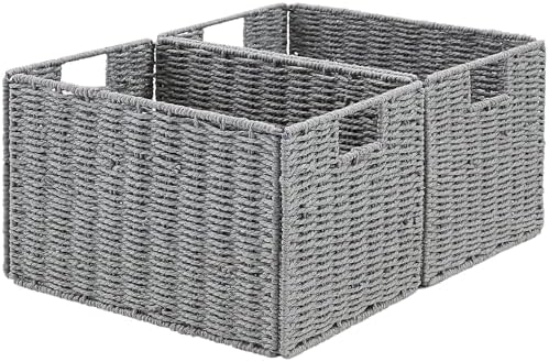 Vagusicc Wicker Storage Basket, Set of 2 Hand-Woven Paper Rope Wicker Basket, Small Storage Baskets for Organizing Toilet Paper Basket, Foldable Large Cube Storage Organizer Bins for Shelves (Grey) by Vagusicc