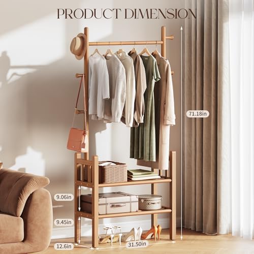 Yoobure Solid Wood Clothing Rack with Shelves - Coat Rack Freestanding with 6 Hooks, 3-in-1 Hall Tree for Hanging Clothes, Tall Garment Racks with Storage for Bedroom, Entryway, Living Room, Closet - Image 2