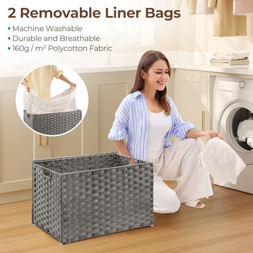 GREENSTELL Storage Basket with Lid, 27.7 Gallon(105L) Lagre Wicker Blanket Storage Basket with Handles, Foldable, 2 Removable Liner Bags, Metal Frame, for Bedroom, Laundry Room, Grey,25.6"*15.7"*15.7" - Image 5