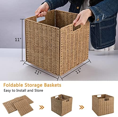 Vagusicc Wicker Storage Basket, Set of 2 Hand-Woven Wicker Basket, 11 inch Storage Baskets for Organizing and Decor, Foldable Cube Storage Organizer Bins Baskets for Shelves, Woven Basket, Natural - Image 6