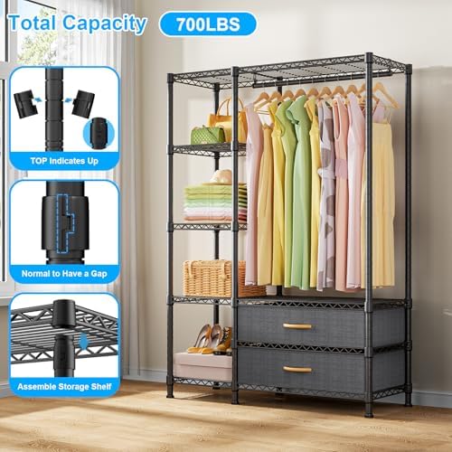 Ulif F3 Heavy Duty Clothes Rack（With Fabric Drawers）Freestanding Clothing Racks for Hanging Clothes，Adjustable Closet Organizer System，Portable Garment Rack 40" W x 15" D x 72" H，Max Load 700LBS，Black - Image 5