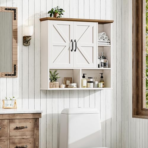 Bathroom Wall Cabinet, Farmhouse Medicine Cabinet with Doors, White & Brown - Image 2