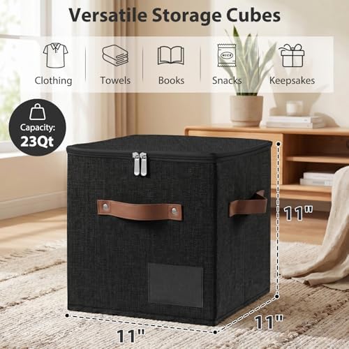 ANMINY 11 Inch Fabric Storage Cubes Bins with Zipper Lid, Black, 4PCS - Image 6