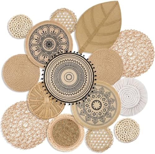 15 Pcs Boho Wall Basket Decor Woven Rattan Seagrass Wall Decor Hanging Rustic Farmhouse Round Handmade Wicker Decoration, Western Art for Living Room Kitchen Bedroom Home Nursery by Anglechic
