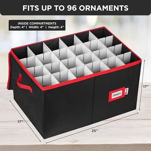 Christmas Ornament Storage Container with Dividers - Box Stores Up to 96 Ornaments, Zippered, Convenient, Adjustable, Large Organizer Bin to Protect Holiday Décor, Fits Most Standard Size, Black - Image 4