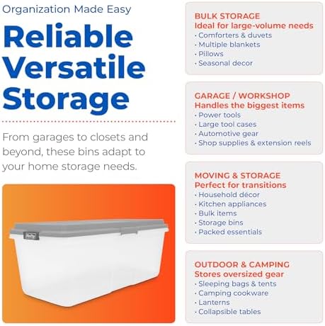 Hefty 113 Qt Hi-Rise Storage Bin with Lid, Stackable Plastic Storage Container, Organizer for Home, Garage & Closet, 4 Pack, Gray - Image 6