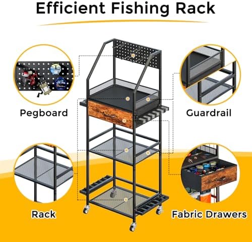 Fishing Rod Holder Organizer with Fabric Drawer & Pegboard - Image 5