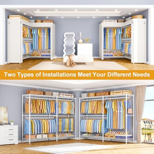 ULIFHOME E15C Pro Garment Rack L Shaped Clothes Rack for Corner，Freestanding Clothing Racks for Hanging Clothes，Heavy Duty Closet System 48.8"W x 15.8"D x 78.4"H，White Rack with White Dustproof Cover - Image 5