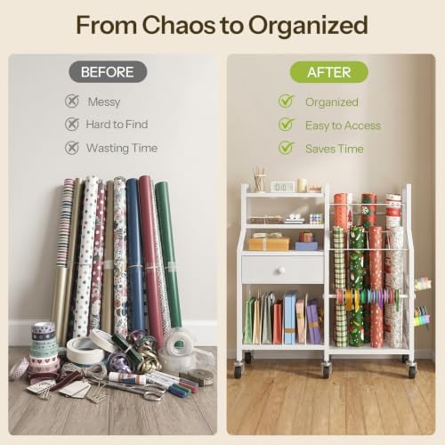 HOOBRO Wrapping Paper Storage Cart, Rolling Gift Wrap Station with Drawer - Image 6