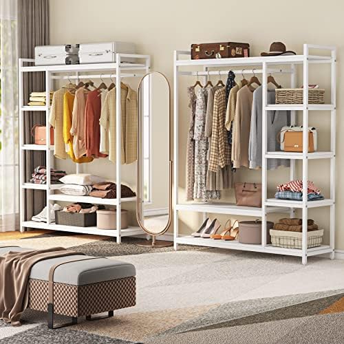 LITTLE TREE Free Standing Wood Closet Clothes Rack,Heavy Duty Grament Rack with Shelves,Hanging Racks for Clothes Clothing Rack for Bedrom,Wardrobe Closet Organizer,350 lb Capacity - Image 3