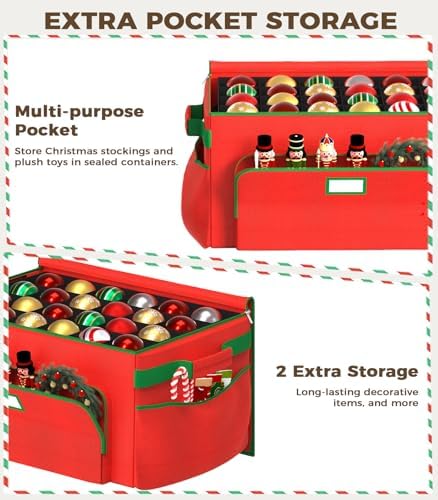 Ornament Storage Box, Large Christmas Ornament Storage Box, Stores 72 4'' Ornaments , Ornaments Storage Containers with 3 Trays, Durable and Portable, 600D Tear-Proof Material, Extra Pockets Red - Image 5