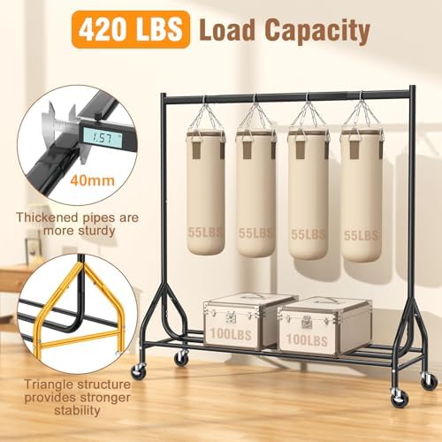 EAGMAK Heavy Duty Clothes Rack Load 420 LBS, Rolling Garment Rack with Lockable Wheels, Standing Metal Clothing Rack, Portable Wardrobe Sturdy Coat Rack for Hanging Clothes (Black, 59″×18.9″×63″) - Image 2