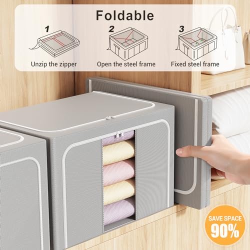 Clothes Storage Bins with Metal Frame Foldable Storage Box Clothes Organizers Storage Containers for Clothes Sheets Blankets Books Toys Gifts and Holiday Decorations (100Lx3 Pack) - Image 3
