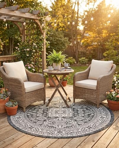 Rugs.com - Outdoor Aztec Rug – 5 Ft Round Charcoal Gray Indoor/Outdoor Rug – Weather-Resistant & Washable, Perfect for Patios, Decks, and Porches by Rugscom