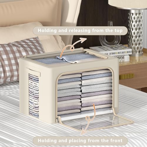CYhom 3Pack Frame Storage Box - Clothes Storage Bin Bags Oxford Fabric Foldable Stackable Container Organizer Set with Clear Window & Carry Handles Large Capacity (Beige, Extra Large-100L) - Image 2