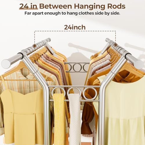HYSEYY Heavy Duty Clothes Rack, Rolling Clothing Rack With Shelves Load 620 LBS, Double Rod Clothing Racks for Hanging Clothes, Portable& Adjustable Clothes Rack with Wheels Garment Rack - Image 3