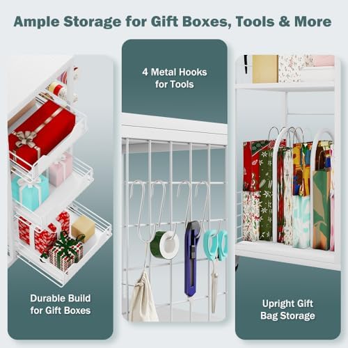 LUCKUP Rolling Wrapping Paper Organizer Cart – Gift Wrap Storage with Wheels, 20 Roll Holders, 3 Drawers & Ribbon Dispenser, Craft Organizer for Christmas, Birthdays, White - Image 6