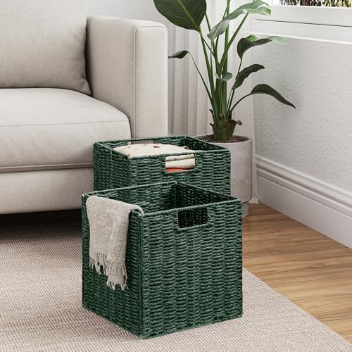 Vagusicc Wicker Storage Basket, Set of 2 Hand-Woven Paper Rope Wicker Basket, Foldable Cube Storage Bins, Square Large Storage Baskets for Organizing Shelves & Decor, Orange (13″×13″×13″) - Image 3