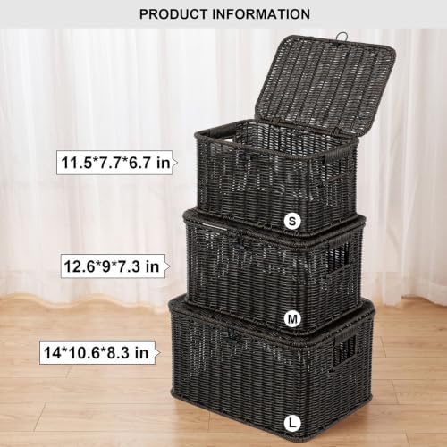 Nonam Wicker Storage Basket With lid, Large Stackable Plastic Bin, Black - Image 2