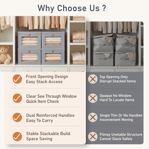 DIMJ Storage Bins with Lids - 5 Pack Front Opening Stackable Fabric Storage Boxes with Clear Window & Handles, Collapsible Closet Organizers for Clothes, Sweaters, Shelf Storage, Bedroom, Gray - Image 3