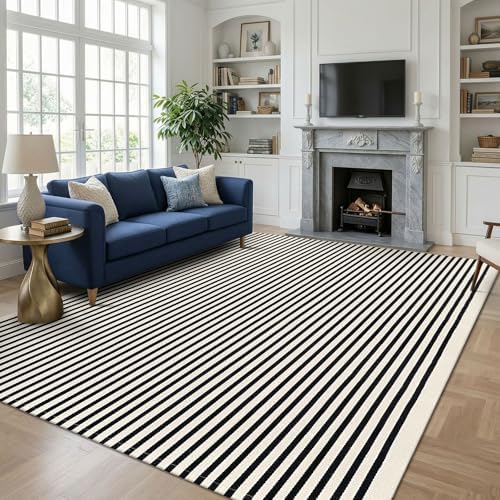 KOZYFLY Beige and Black Rug 8x10 ft Area Rug Woven Washable Striped Rugs - Image 2