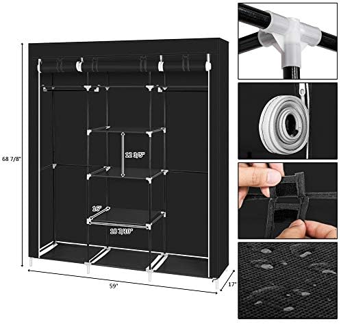 Knocbel Portable Closets Freestanding Closet Organzier Clothes Garment Rack with Storage Shelves & 2 Hanging Rods 59" W x 17" D x 68.9" H Black - Image 6