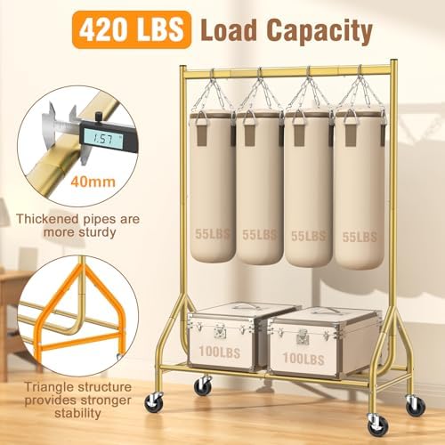 EAGMAK Heavy Duty Clothes Rack Load 420 LBS, Rolling Garment Organizer with Lockable Wheels, Standing Metal Clothing with Shelves, Portable Wardrobe Rack Sturdy Coat Rack for Hanging (Gold) - Image 2