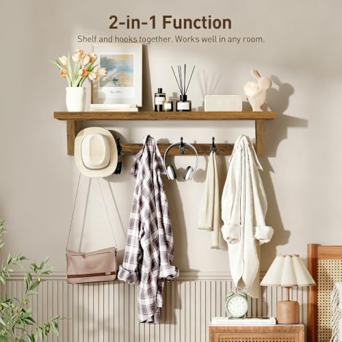 RALGEND 29" Coat Rack Wall Mount Shelf, Entryway Wall Shelf with 6 Metal Hooks, Coat Hangers for Living Room, Modern Wooden Floating Shelves for Bathroom, Bedroom, Kitchen, Rustic Brown 7401BJR1BF - Image 3