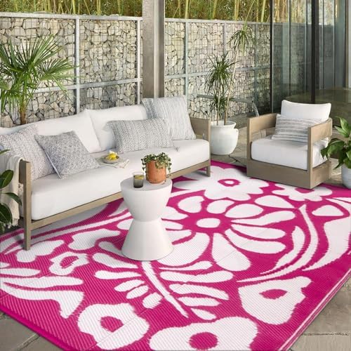 Wonnitar Outdoor Rugs 8x10,Plastic Outdoor Waterproof Patio Rugs Clearance,Reversible Large Outside RV Camping Mat,Portable Abstract Plant Lightweight Carpet for Backyard Deck Park (Pink, 8'x10') by Wonnitar