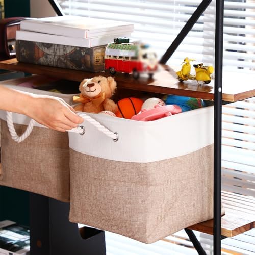 FoldTier 10 Pack Large Collapsible Fabric Storage Baskets with Handles Decorative Storage Bins for Organizing Shelves Toys Clothes(White & Beige,12 x 12 x 12 Inches) - Image 5