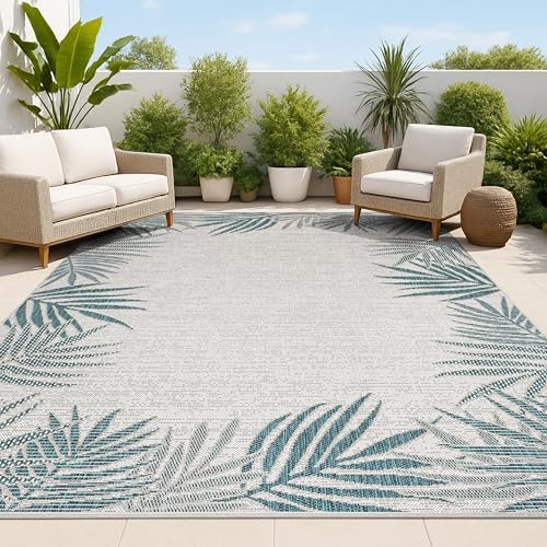JONATHAN Y Palm Frond Border Indoor Outdoor Area Rug 8X10 Blue/Cream, Isla Coastal Cottage for Backyard, Patio, Porch, Easy-Cleaning, High Traffic, Pet-Friendly, Non-Shedding (TSN207C-8) by JONATHANY