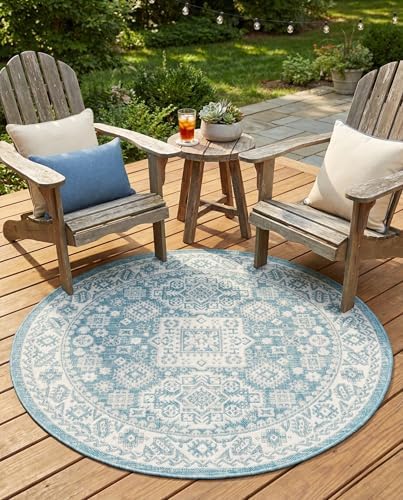 Rugs.com - Outdoor Aztec Rug – 4 Ft Round Aqua Indoor/Outdoor Rug – Washable Flatweave Carpet for Patios, Decks, and Porches by Rugscom