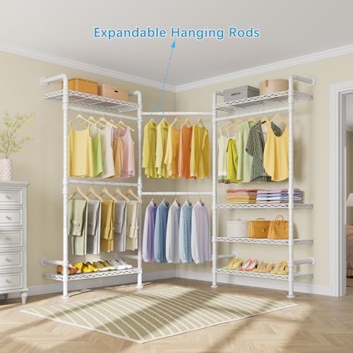 Timate F3 Garment Rack Heavy Duty Clothes Rack for Hanging Clothes, Expandable Industrial Pipe Wall Mounted Clothing Rack, Adjustable Storage Closet Wardrobe Closets System, White - Image 3