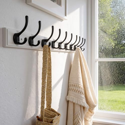 Dseap Coat Rack Wall Mounted: 10-Hooks, 38-1/4" Long, 16" Hole to Hole, Wood Coat Hooks Wall Mounted, Hook Rack, Hook Rail, Hooks for Hanging Coats, White & Black, Pack of 2 - Image 5
