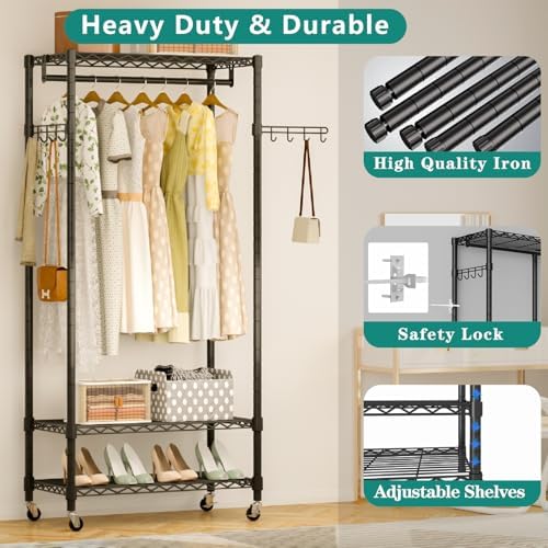 3 Tiers Heavy Duty Rolling Garment Rack Black, - Image 4