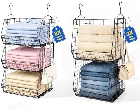 5 Tier Metal Hanging Closet Organizer with 2 Extra Tall Storage Baskets & 3 Standard Wire Baskets, Heavy Duty Foldable Closet Organizer with Snag‑Free Liners for Clothes, Jeans, Handbags, Hats by Leaforylife