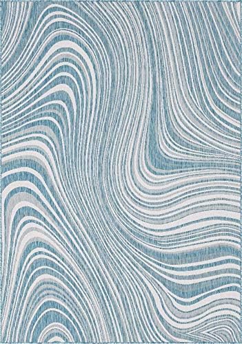 Unique Loom Outdoor Modern Collection Area Rug - Pool (7' 1" x 10' Rectangle, Light Aqua/ Blue) by UniqueLoom