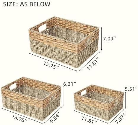 YAHUAN Natural Water Hyacinth & Seagrass Woven Storage Baskets – Wicker Storage Basket Organizer Bins with Handles for Home & Office Pantry Shelf (Set of 3) - Image 3