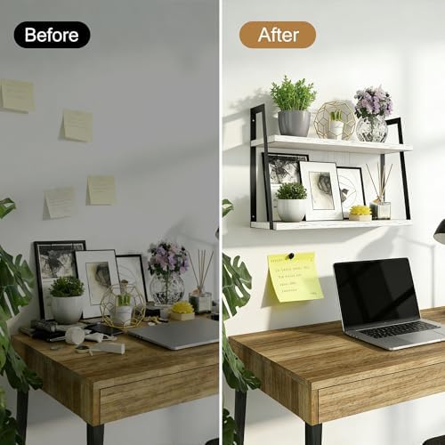 SRIWATANA White 2-Tier Floating Wall Shelves, Rustic Wood Storage Shelf Set - Image 5